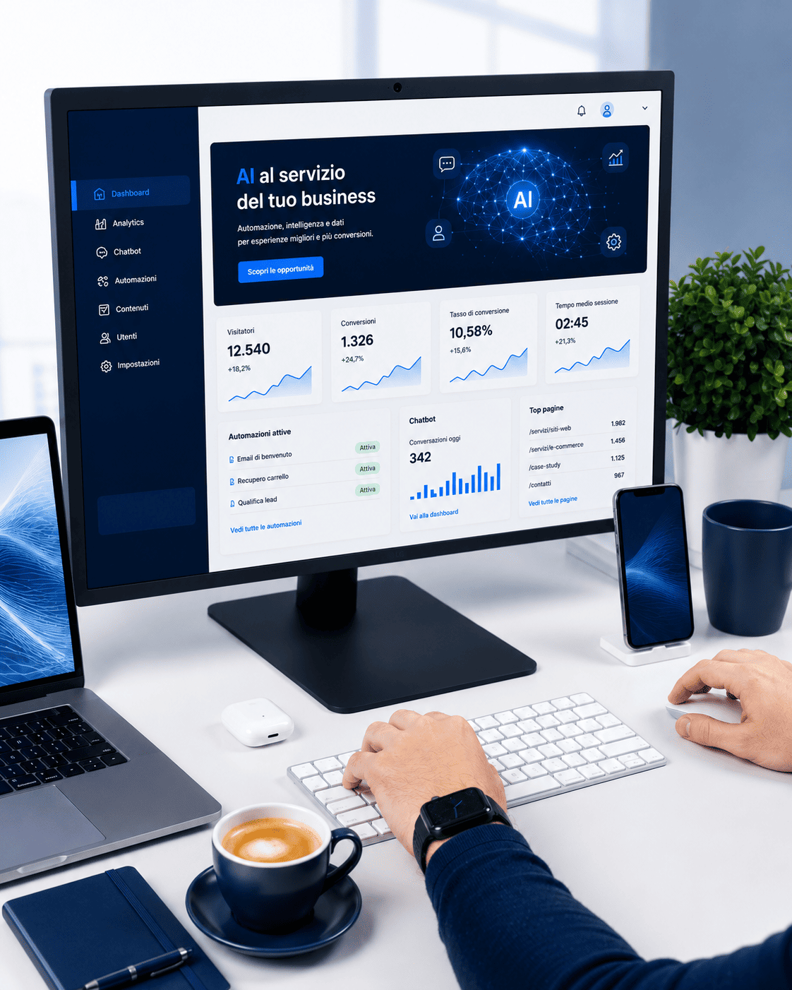 "Postazione di lavoro moderna con dashboard basata sull'intelligenza artificiale, simbolo dell'integrazione dell'AI nei siti web e nei processi aziendali."